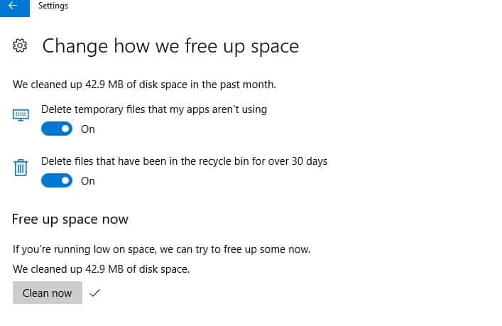 Windows 10存儲意識以清理臨時文件