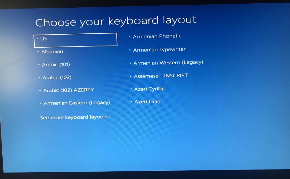 Windows 10 V2004升級停留在選擇鍵盤佈局屏幕