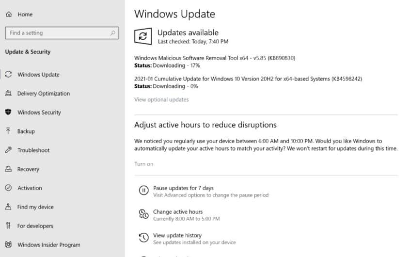 下載Windows 10版本2004和20H2的累計更新KB4598242