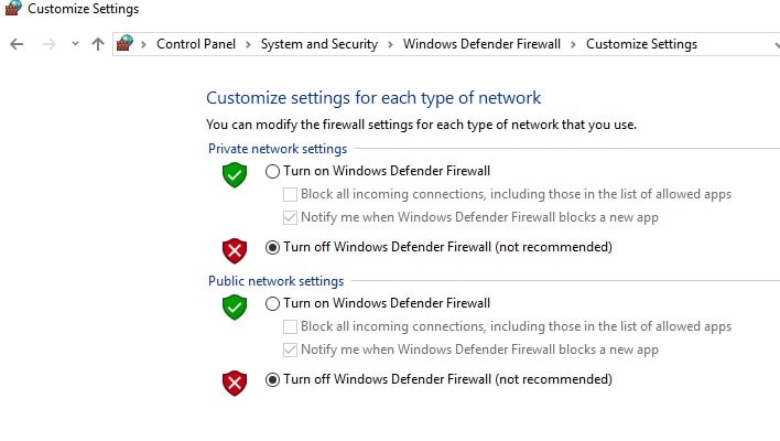 關閉Windows Defender防火牆