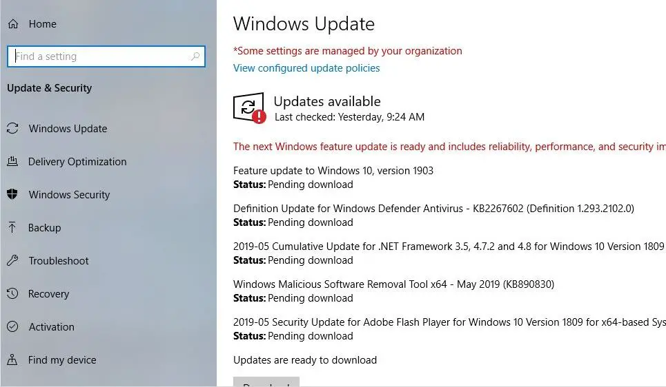 Windows 10 1903 功能更新