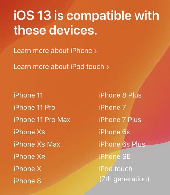 iOS 13兼容設備列表