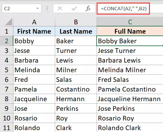 CONCAT 公式結合名字和姓氏