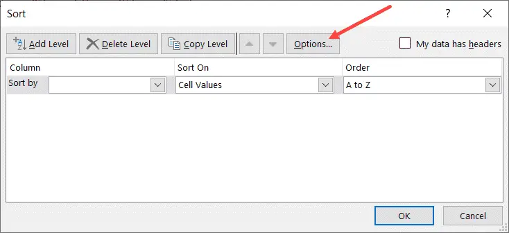 單擊選項在 Excel 中從左到右排序