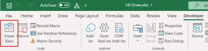 انقر فوق Visual Basic في علامة تبويب المطور