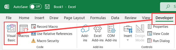 انقر فوق رمز Visual Basic في علامة التبويب Developer