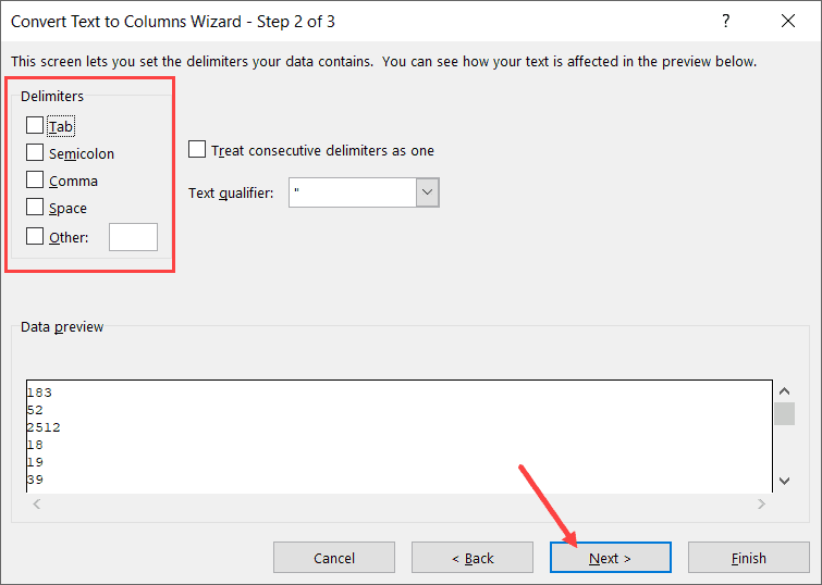 deselecteer alle scheidingstekens