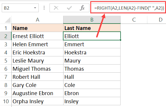 Excel公式從全名中獲取姓氏