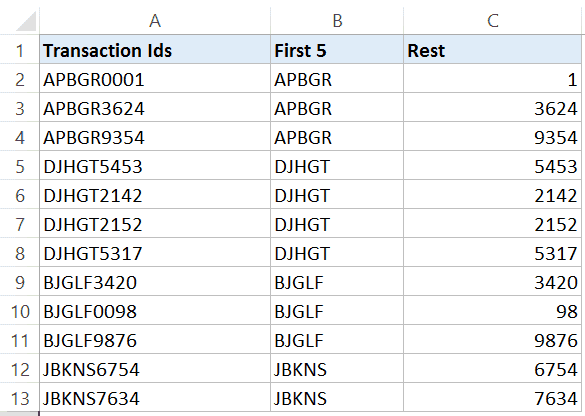 văn bản excel thành cột - phân chia id giao dịch