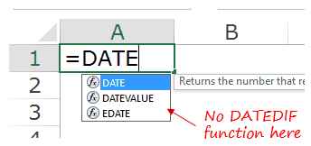 Excel DATEDIF 函數未出現在智能感知中