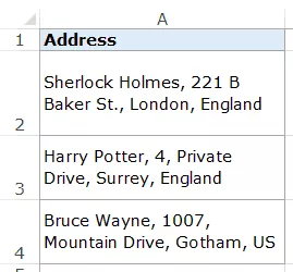 使用快速填充在 Excel 中拆分單元格 - 地址數據集