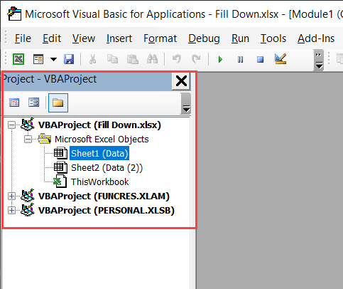 Navegador de proyectos en el editor de VB