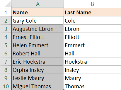 文本到列的結果以提取姓氏，然後按其排序