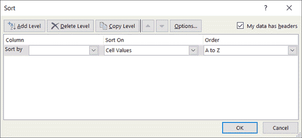 在 Excel 中排序 - 對話框