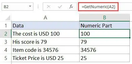 使用自定義 VBA 函數僅從 Excel 中的字符串中獲取數字部分