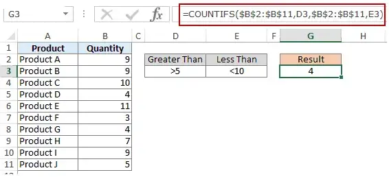 具有多個條件的 Excel COUNTIFS 函數 - 單元格引用中的條件之間