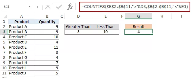 Excel COUNTIFS 函數 - 在條件運算符和單元格引用之間