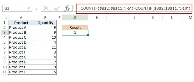 在 Excel COUNTIF 函數中使用多個條件 - 在條件兩個 countif 之間