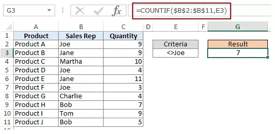 在 Excel COUNTIF 函數中使用多個條件 - 文本條件不等於單元格引用