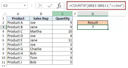 在 Excel COUNTIF 函數中使用多個條件 - 文本條件不等於