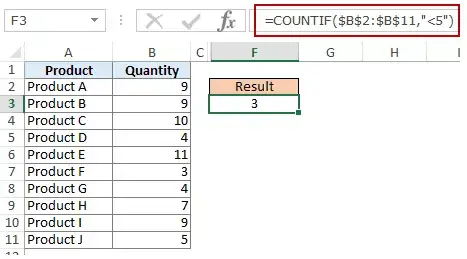 在 Excel COUNTIF 函數中使用多個條件 - 小於