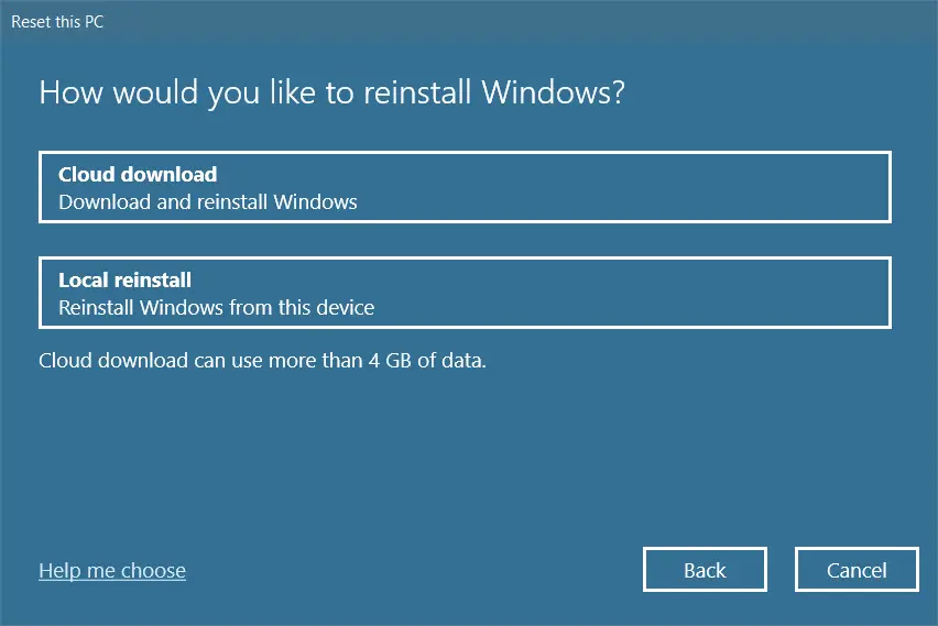 從兩個選項中選擇您將如何重新安裝 Windows。 修復 0x80004002 Windows 10 不支持此類接口