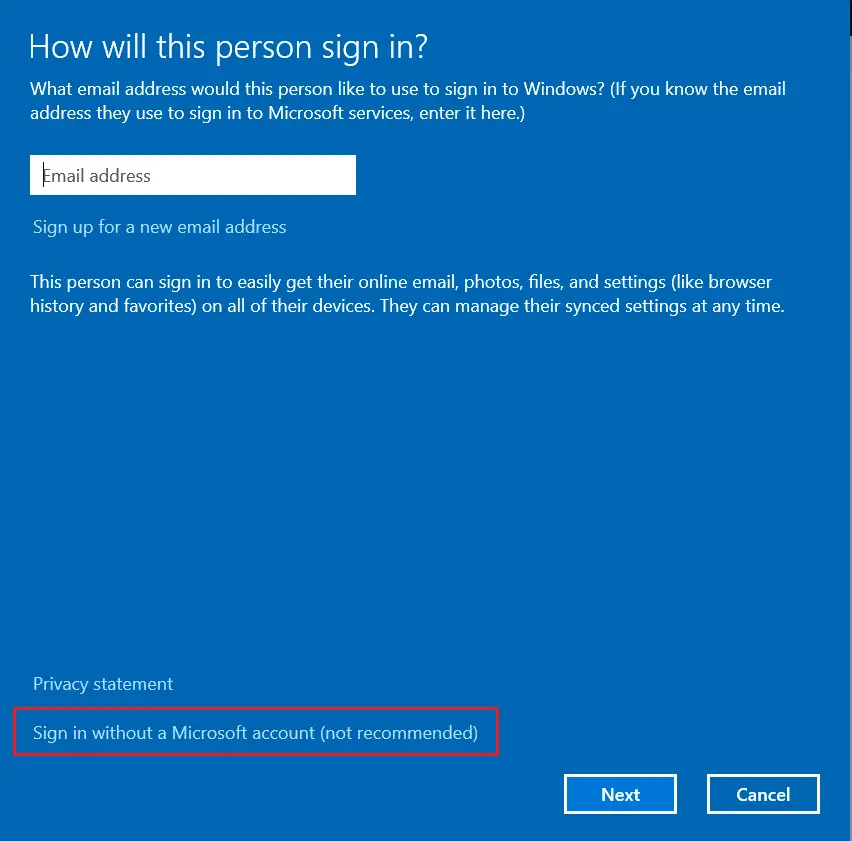 選擇不推薦不使用 Microsoft 帳戶登錄選項。 修復 0x80004002 Windows 10 不支持此類接口