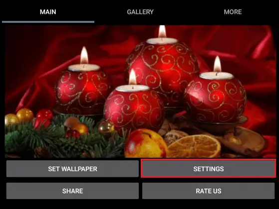 單擊聖誕蠟燭 3D 壁紙 Android 應用程序中的設置