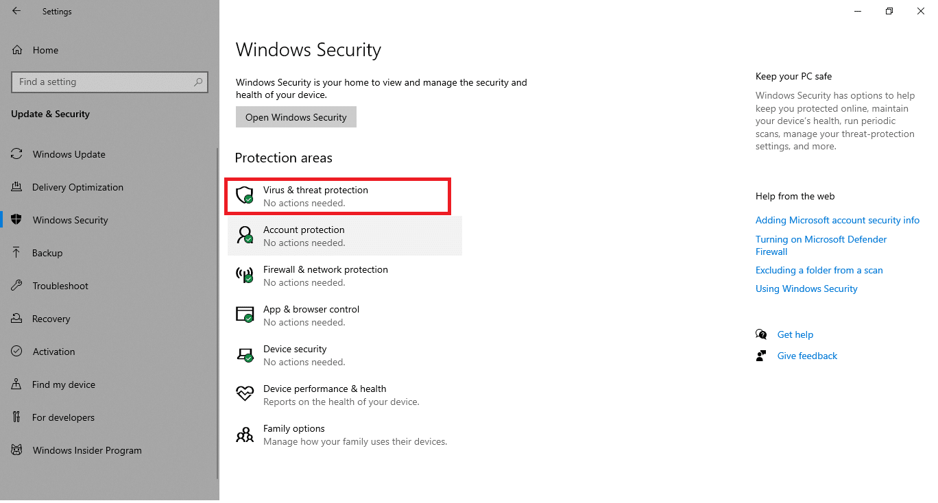 單擊病毒和威脅防護選項。 修復 Windows 10 更新錯誤 0x80070103