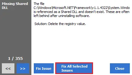 按照屏幕上的說明並單擊修復所有選定問題以清除所有損壞的註冊表文件。