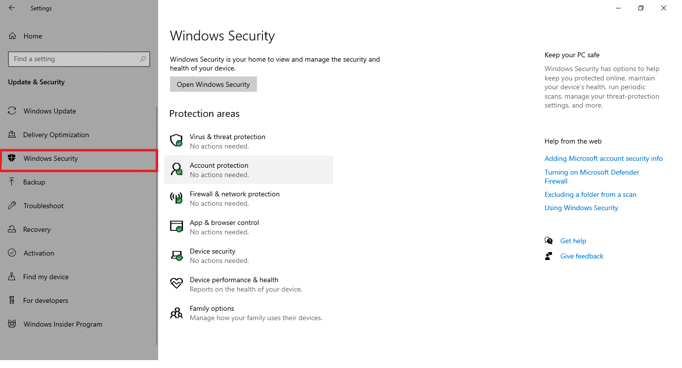 轉到左側窗格中的 Windows 安全性。 修復 Warframe 更新失敗