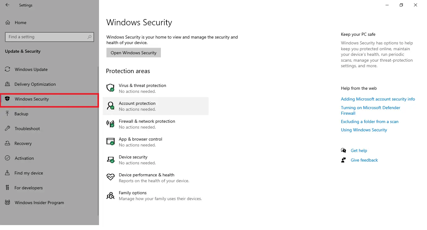 轉到左側窗格中的 Windows 安全性。 修復 0x80004002 Windows 10 不支持此類接口