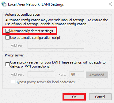 在這裡，選中自動檢測設置框並確保未選中為您的 LAN 使用代理服務器框。 修復 Warframe 更新失敗