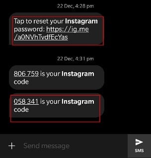 如果您點擊發送短信，那麼您將收到一個短信鏈接，該鏈接將幫助您輕鬆地重置密碼。 修復 Instagram 可疑登錄嘗試