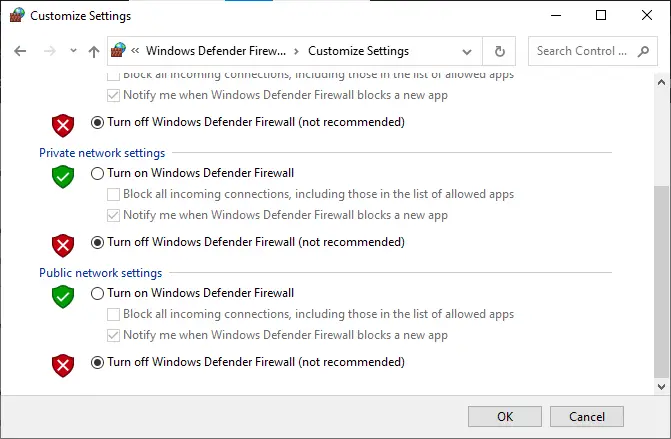 關閉 Windows Defender 防火牆。 修復 Warframe 更新失敗