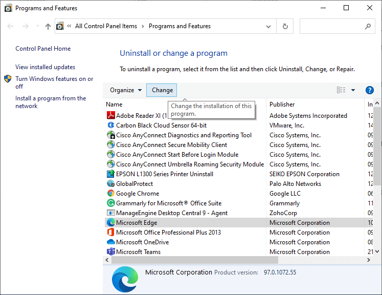 現在，單擊 Microsoft Edge 並選擇更改選項。