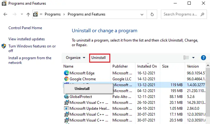 現在，單擊 TeamViewer 並選擇卸載選項。 修復 Teamviewer 在 Windows 10 中無法連接的問題