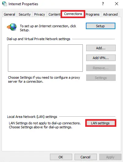現在，在 Internet 屬性窗口中，切換到連接選項卡並選擇 LAN 設置。