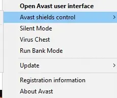 現在，選擇 Avast shields control 選項，您可以暫時禁用 Avast。 修復設置同步的主機進程