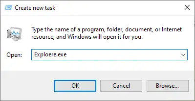現在，在即將出現的框中鍵入 Exploere.exe，然後單擊“確定”按鈕。 修復 0x80004002 Windows 10 不支持此類接口