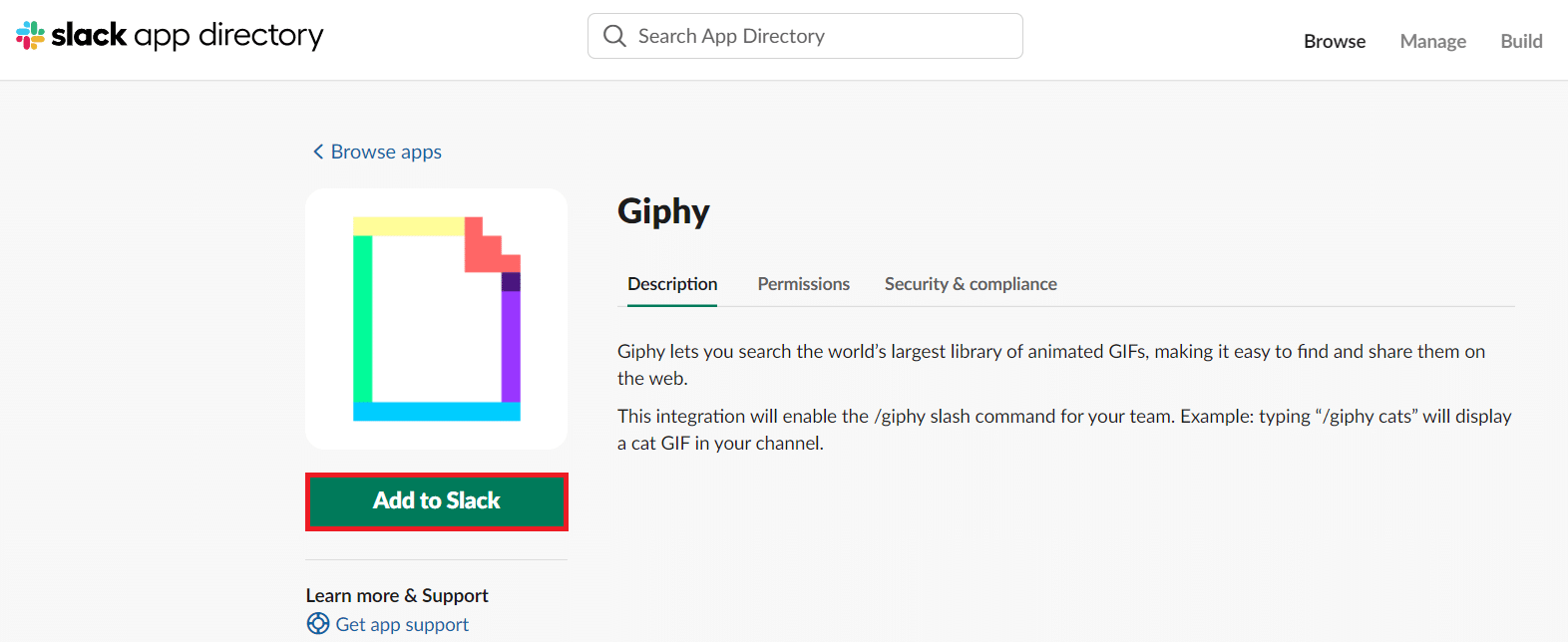 在新的 Giphy 應用頁面上，單擊添加到 Slack