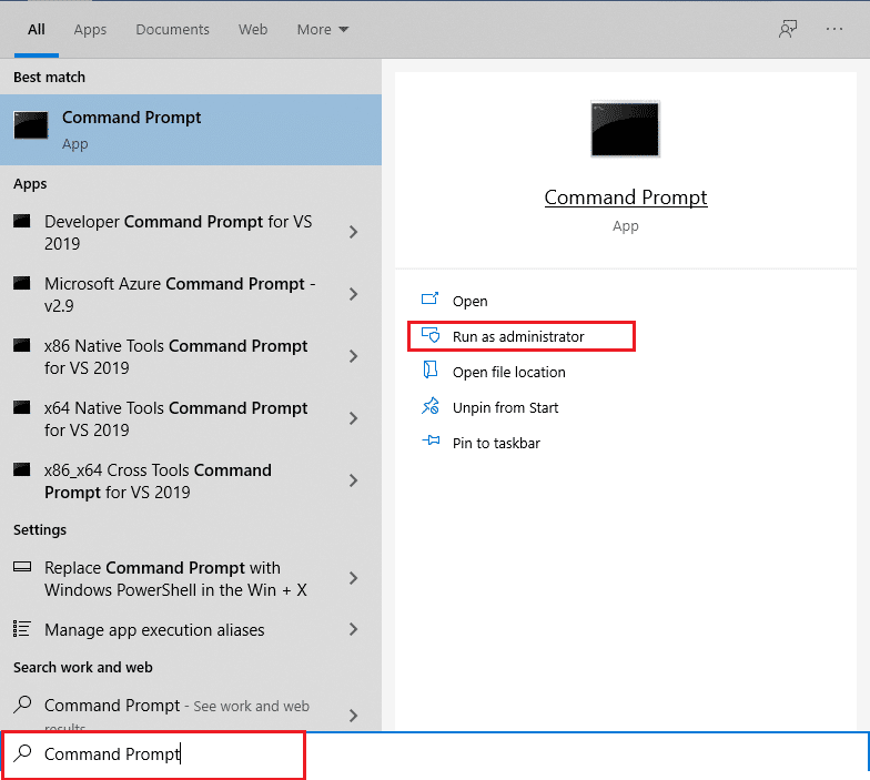 打開開始菜單，鍵入命令提示符，然後單擊右側窗格中的以管理員身份運行。 修復 Windows 10 更新錯誤 0x80070103