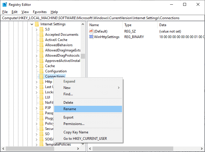在註冊表編輯器中重命名連接文件夾。 修復 Microsoft Edge 中的 INET E 安全問題