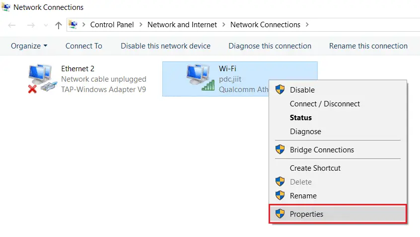 右鍵單擊 Wifi 等網絡連接，然後選擇屬性。 修復 Teamviewer 未準備好檢查您的連接