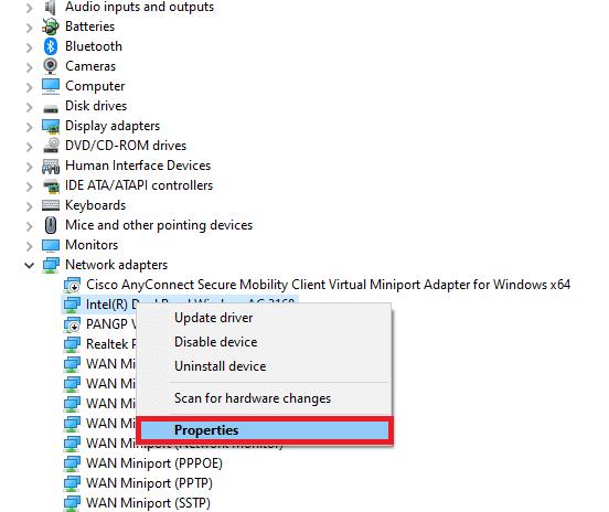 右鍵單擊網絡適配器並選擇屬性選項。 修復您的連接在 Microsoft Edge 中被中斷