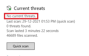 顯示無當前威脅警報。 修復 0x80004002 Windows 10 不支持此類接口