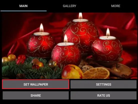 在聖誕蠟燭 3D 壁紙 Android 應用程序中點擊設置壁紙按鈕
