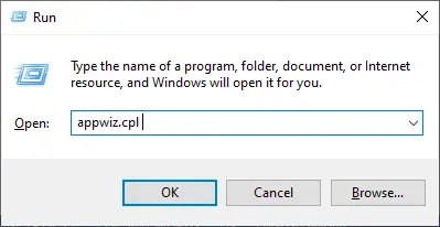 按如下方式鍵入 appwiz.cpl，然後單擊確定。 修復 Teamviewer 在 Windows 10 中無法連接的問題