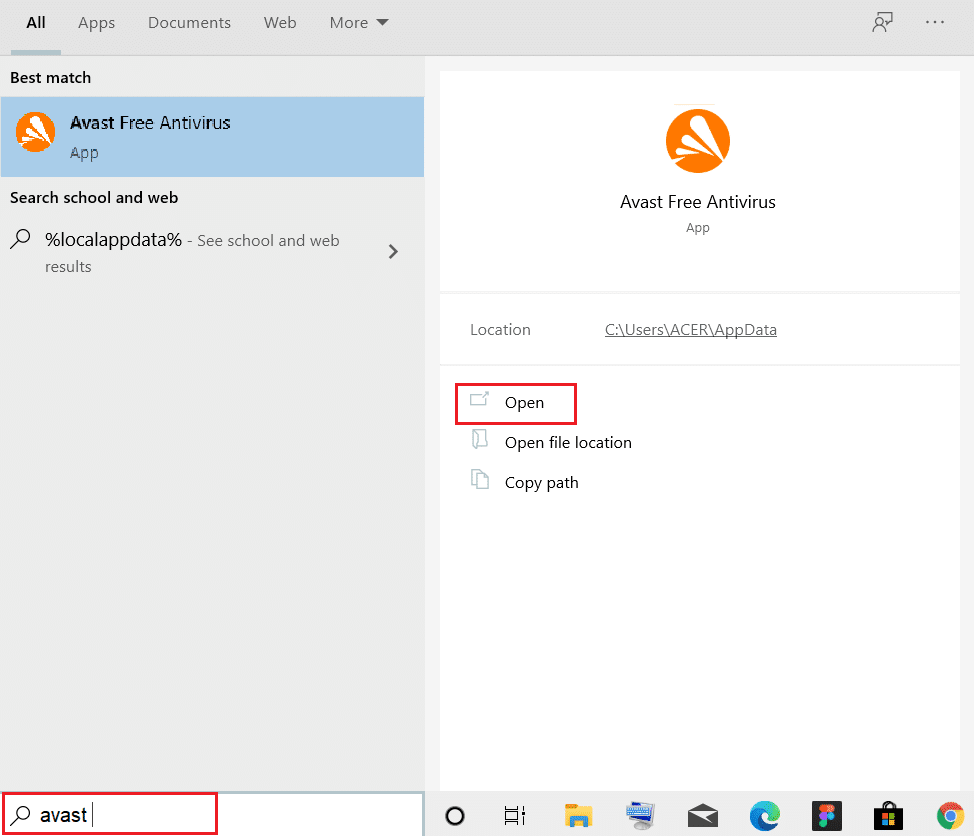 輸入 avast 並單擊在 Windows 搜索欄中打開。 修復 Windows 10 上的 ERR_EMPTY_RESPONSE