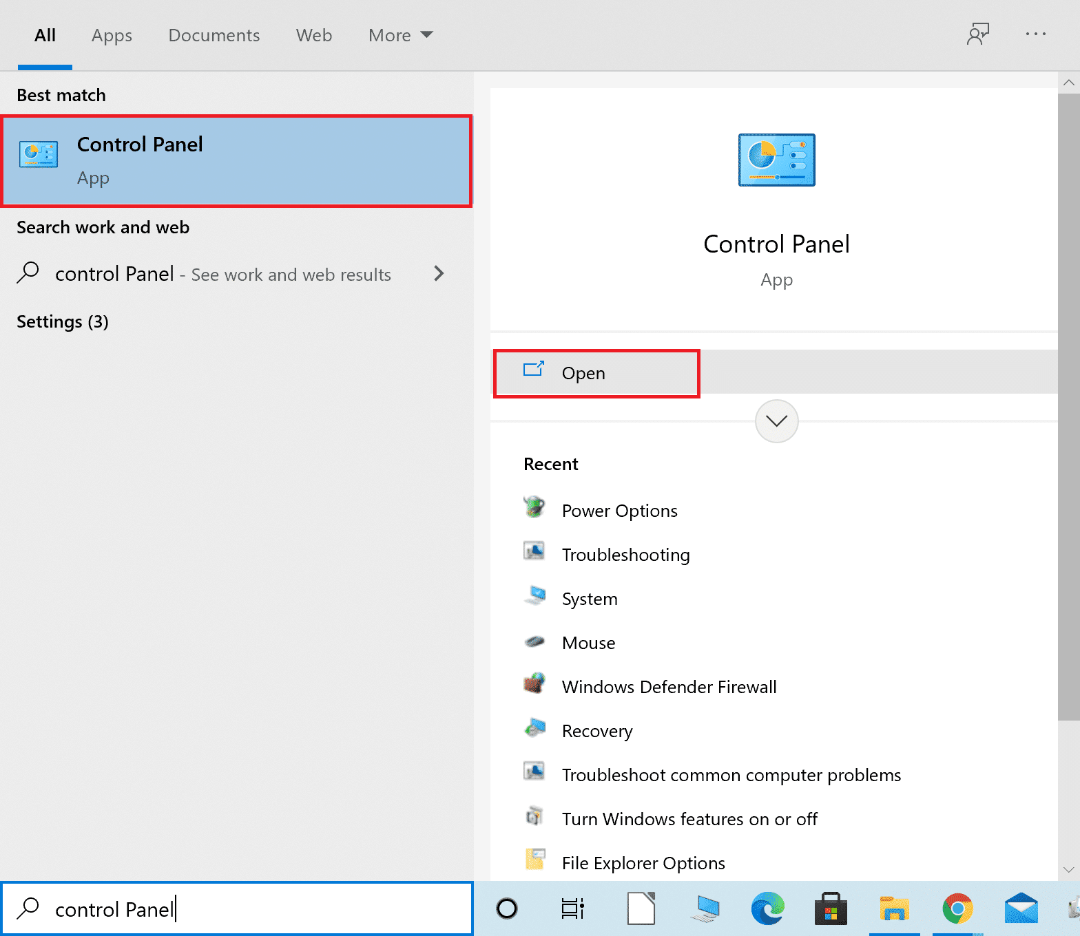 在 Windows 搜索欄中鍵入控制面板。 修復您的連接在 Microsoft Edge 中被中斷